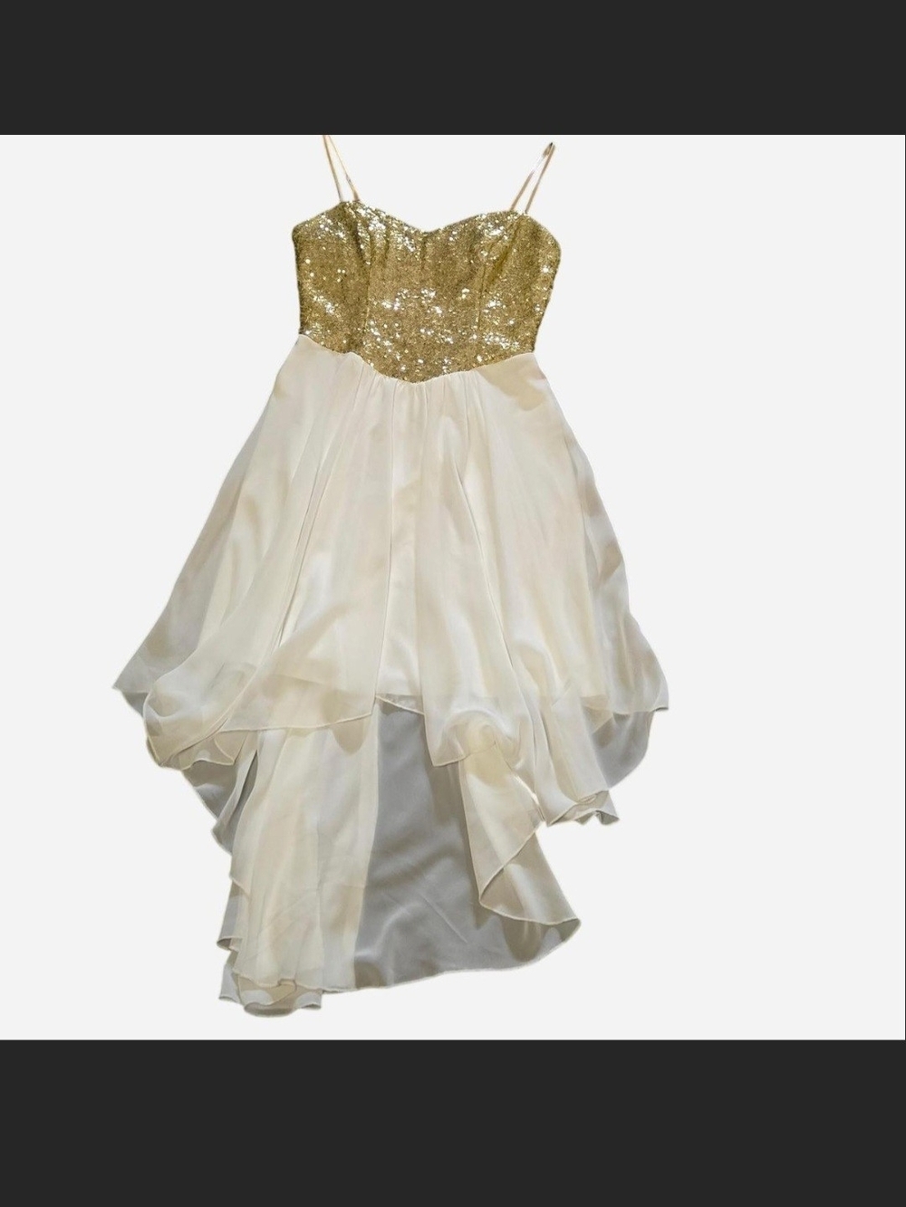 B Darlin Gold Sequin Bodice Ivory High-Low Chiffon Dress